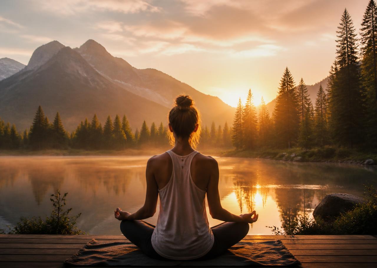 Mujer meditando junto a un lago al amanecer durante el retiro final